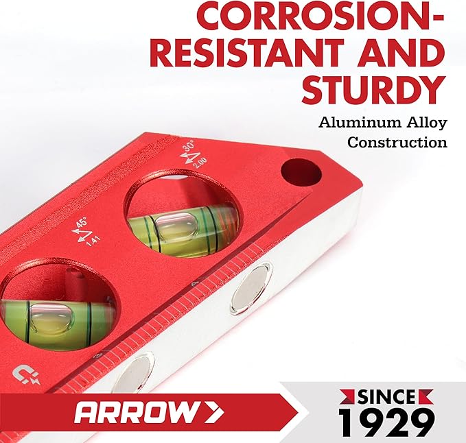 ARROW 6.3-Inch Torpedo Level, Magnetic Leveler with 0°/30°/45°/90° Bubbles, Top-view Windows, Aluminium Alloy Frame, Dual Metric and SAE Scales