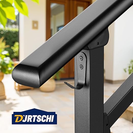 Updated Handrails for Outdoor Steps, 2-3 Steps Wrought Iron Stair Railing with Fence, Flexible Exterior Hand Railing for Concrete or Wooden Stairs, Black Transitional Handrails with Installation Kit