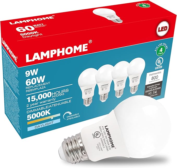 4-Pack Daylight White LED Bulbs - Brighten Your Bedroom & Living Room, 60W Equivalent, 5000K, 9W, 15000-Hour Life, E26 Base