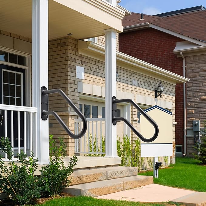 SELEWARE Heavy Duty Non-Slip Handrails for Outdoor 1-2 Step, Wall Mount Stair Hand Railing Grab Bars, U-Shape Safety Handle for Garage, Porch, Garden (Dia 1.3" Pipe, Black)