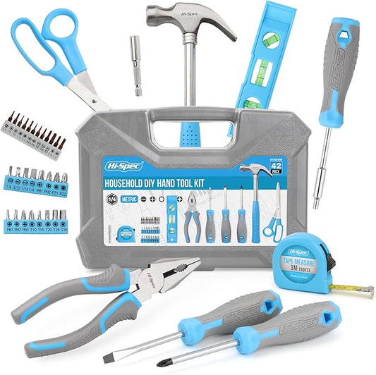 Hi-Spec 42pc Blue Household DIY Tool Set. Home, Office and College Dorm Small Toolkit Box of Starter Basic Tools