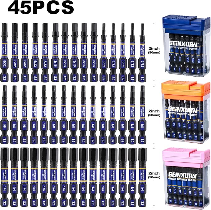 Impact Hex Screwdriver Bits Set,45 Pcs 2" Magnetic SAE (5/32",3/16",1/8",1/4") S2 Steel Multi Driver Bits with Storage Colorful Box