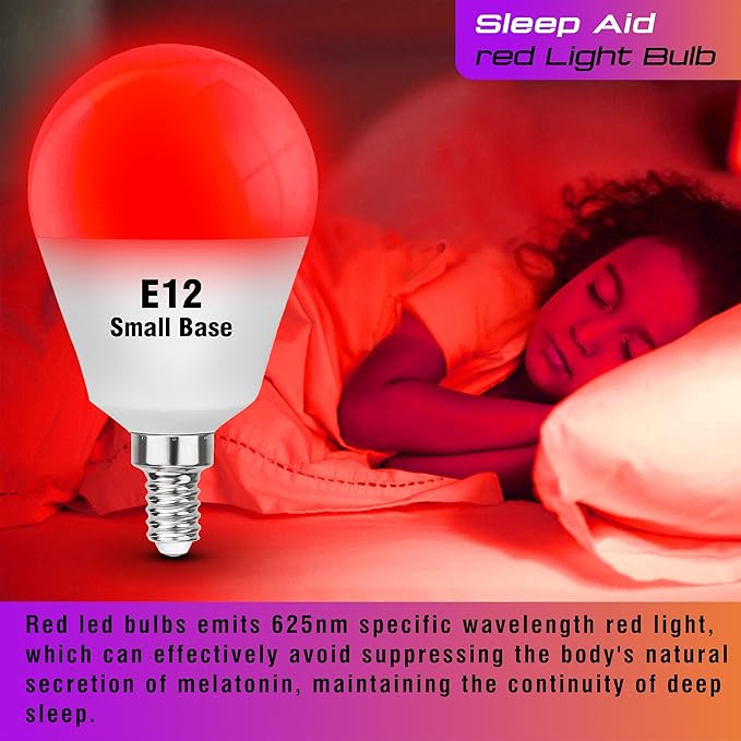 E12 Candelabra Red Light Bulbs for Sleep 25w-40w Equivalent, 625nm Red Light Bulbs 3W 300LM, G45 Blue Light Blocking, E12 Small Base for Bedroom Porch Christmas Holiday Festival, Non-Dimmable, 2 Pack