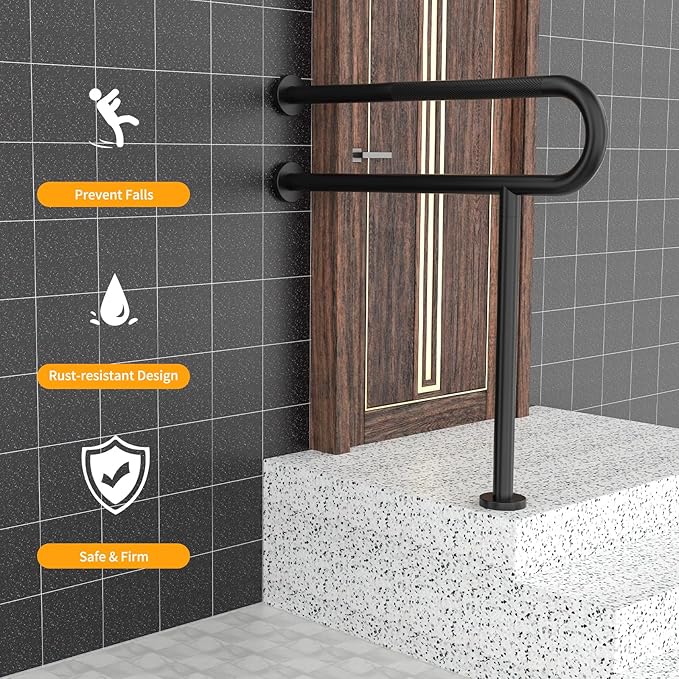 Toilet Grab Bar 31.3 Inch with Leg, YuanDe Matte Black Wall Mounted Safety Bar, Stainless Steel Anti-Slip Bathroom Support Rail for Elderly Disabled Pregnant