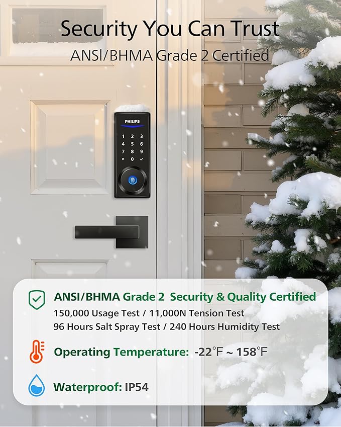 Philips Fingerprint Keyless Entry Door Lock, Electronic Door Lock with Touchscreen, Long-Lasting Battery, Auto Locking, One-Time Code, Keypad Deadbolt, One-Touch Locking, Matte Black