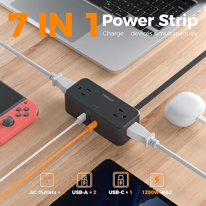 Black Extension Cord 5 Ft, TESSAN Flat Surge Protector Power Strip with 4 Wide Spaced AC Outlets 3 USB Ports (1 USB C), Ultra Thin Flat Plug with 900J Surge Protection, Office Dorm Room Essentials
