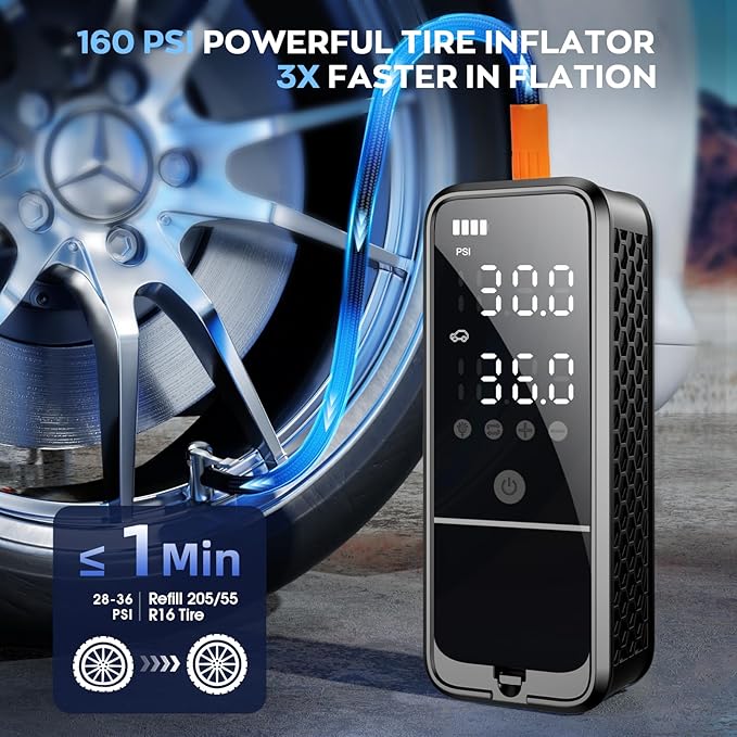 Tire Inflator Portable Air Compressor, Portable Air Pump with Tire Gauge Pressure & LED Light Air Pump for Car Tires Portable Tire Inflator for Car Cordless Bike Pump for Car, Moto, Bike, Ball
