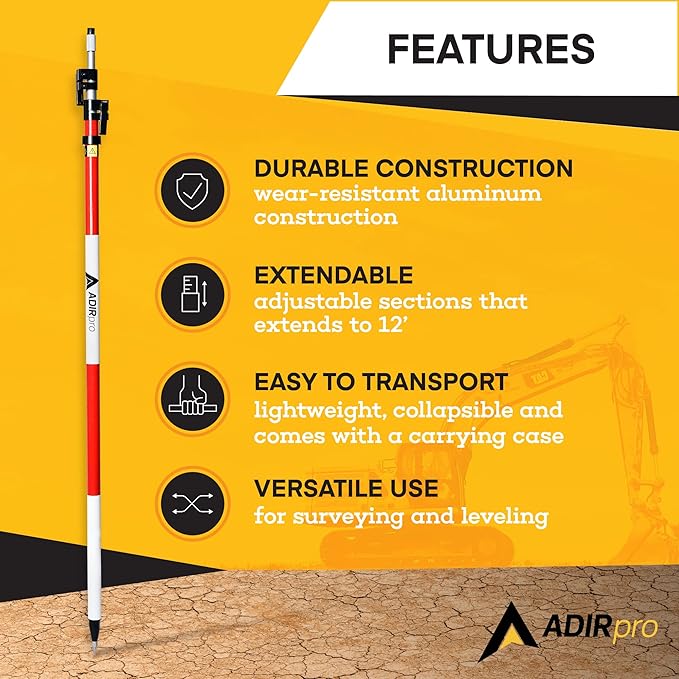 AdirPro Aluminum Prism Pole - Telescopic 12’ (3.7m) – Fixed Adapter Tip – Quick Release Clamp - Metric Graduation - Strong & Lightweight GPS Pole - for Use with Prisms - Rover Rod - GNSS Instruments