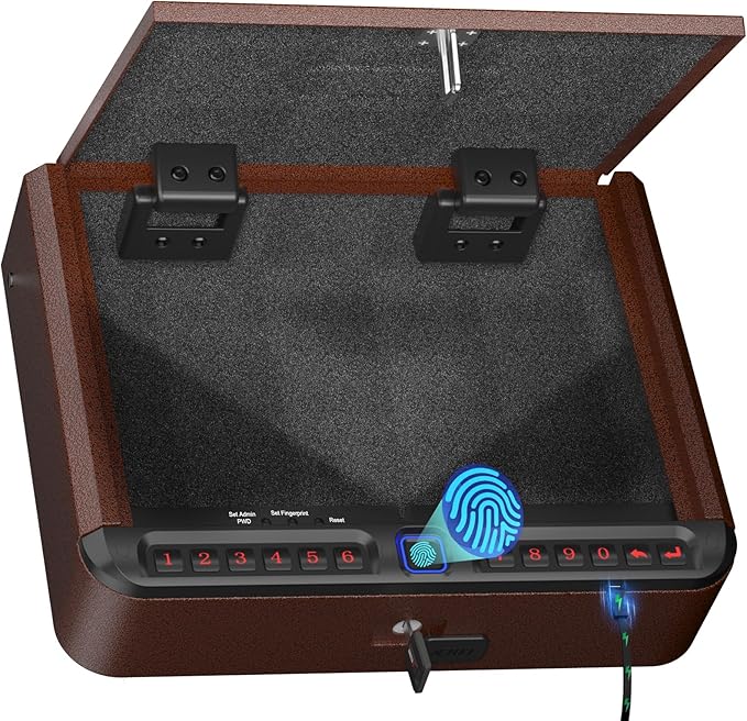 BILLCONCH Gun Safe for Handgun - Biometric Pistol Safe 4 Ways Quick Access with Fingerprint/Full-digital Keypad/Key/APP Lock and Security Cable for Nightstand Bedside Home - Antique Bronze