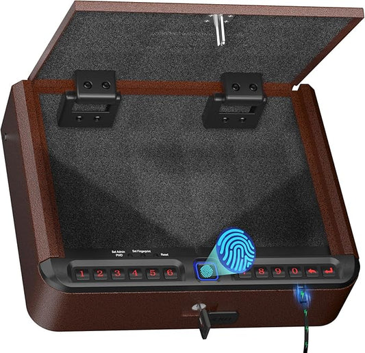 BILLCONCH Gun Safe for Handgun - Biometric Pistol Safe 4 Ways Quick Access with Fingerprint/Full-digital Keypad/Key/APP Lock and Security Cable for Nightstand Bedside Home - Antique Bronze