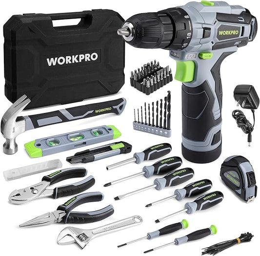 WORKPRO Home Tool Kit with Power Drill, 108PCS Power Home Tool Set with 12V 1.5 Ah Battery Powered Screwdriver and Tool Box, Electric Cordless Drill Set with Keyless Chuck and Variable Speed Trigger