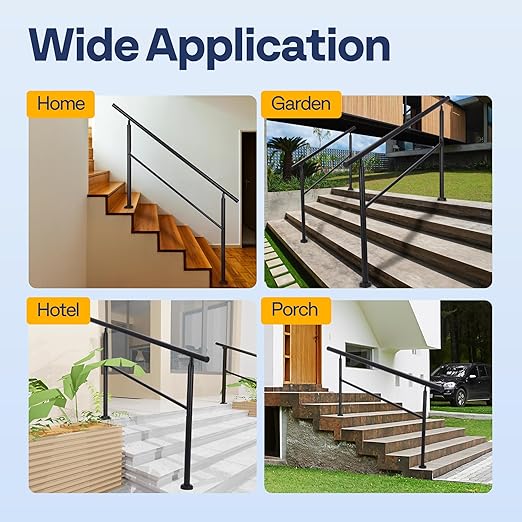 VIVOHOME 2-Pack 5 Step Hand Rails for Outdoor Steps, Galvanized Steel Railing, Black Round Exterior Handrails for Porch, Deck, or Indoor Stairs, Complete Installation Kit