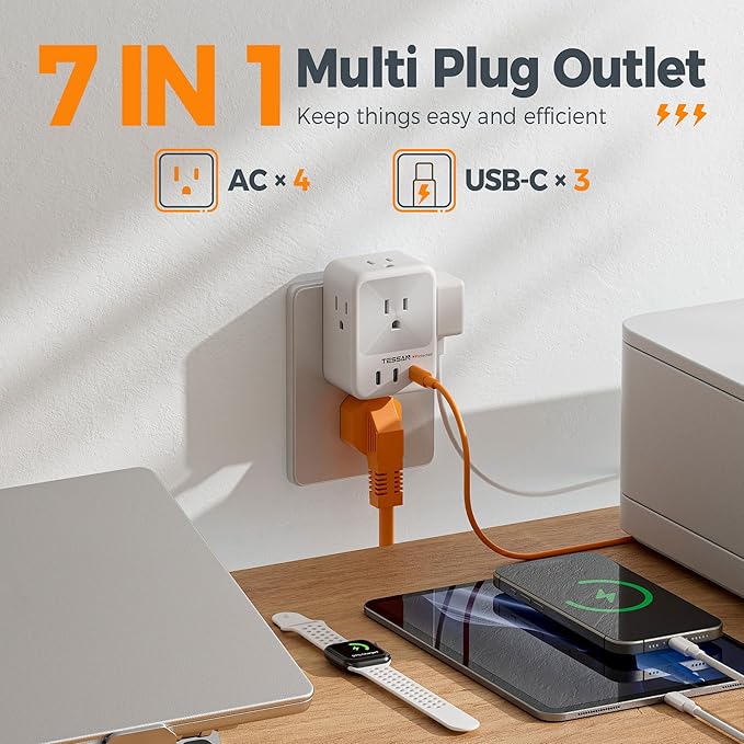 USB Multi Plug Outlet Splitter, TESSAN Surge Protector 4 Outlet Extender with 3 USB C Wall Charger Blocks, 3-Sided Multiple Plug Expander for Home Office Dorm Room Essentials