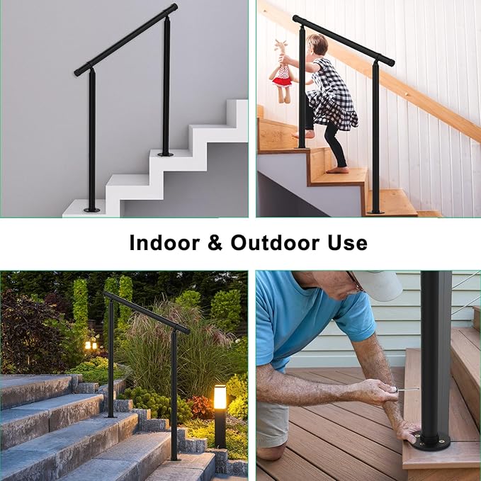 Shinoske Outdoor Handrail,Stair Handrail,Metal Handrails with Installation Kit for Concrete, Porch Steps,One-Step Assembly, Black, 1 Pack, Hand Rails for Outdoor Steps Fit 2 to 3 Steps