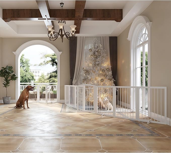 JSB 192-inch Extra Wide 30-inch Tall Dog gate with Door Walk Through,Full Matel Freestanding Round Tube Pet Gate for Halls Stairs, Puppy Safety Dog Fence with 4PCS Support Feet (White)