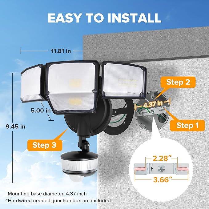 LUTEC 84W 9500LM LED Security Light Hardwire Motion Sensor Outdoor Lights with Night Light, 4 Head LED Flood Lights 5000K Daylight, IP65 Waterproof, Motion Detected Lights for Outside (Black)