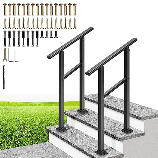 VIVOHOME 2-Pack 2 Step Hand Rails for Outdoor Steps, Galvanized Steel Railing, Black Oval Exterior Hand Railing for Porch, Deck, or Indoor Stairs, Railing Kit