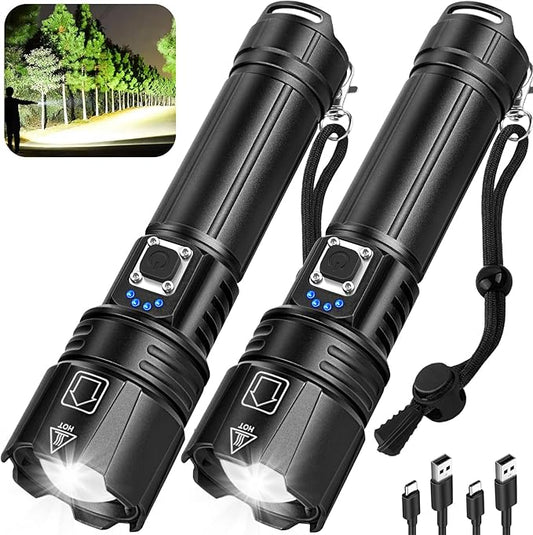 Rechargeable Flashlights High Lumens, 90000 Lumen Super Bright Led Flashlight with 5 Modes & 12H Long Runtime, Powerful Handheld Flash Light for Home Camping, IPX6 Waterproof 2Pack Flashlights