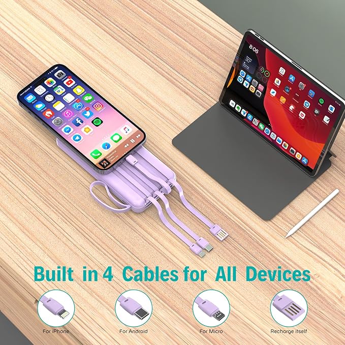 Portable Charger with Built in Cables,10000mAh Slim USB C Power Bank,5 Output 3 Input LED Display High Speed External Battery Pack Travel Phone Charger for iPhone Samsung Pixel LG Moto iPad,Purple