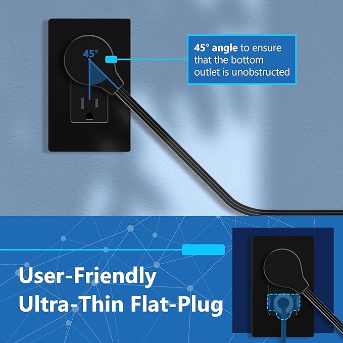 LIDER Outlet Extender with 6 Receptacles, USB-A and 2 USB-C, Ultra-Thin Flat-Plug with Cord Extender, 6-Outlet Power Strip, Slim Angled Design, Surge Protector, 1500 Joules, 5ft Cord, UL-Listed, Black