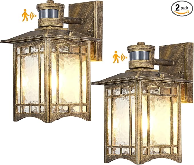 2 Pack Bronze Outdoor Motion Sensor Lights - Dusk to Dawn Lighting Fixture for Outside House Exterior - Wall Mount Porch Lantern with Yard Front Motion Detector - Garage Patio Anti-Rust Light