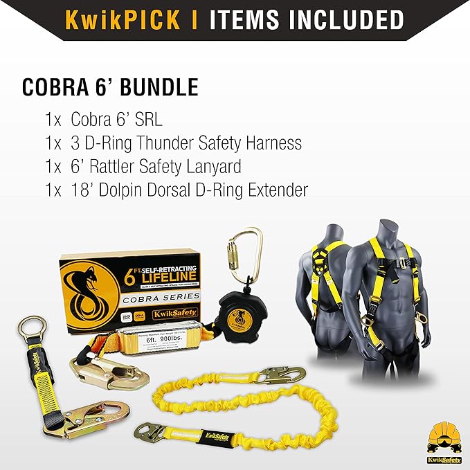 KwikSafety - 6' Cobra Web Self-Retracting Lifeline [Bundle] Class 1 Retractable Safety Lanyard SRL ANSI OSHA Fall Gear