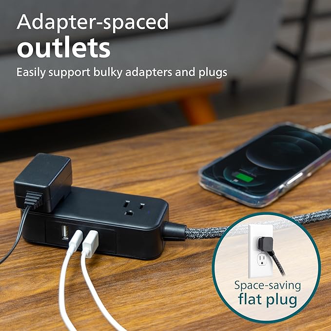 Philips 2-Outlet Extension Cord, 1 USB-C, 2 Type-A Ports, Braided Extension Cord with Multiple Outlets, Flat Plug Power Strip, Power Strip with USB Ports, ETL Listed, Black, SPS3564B/37