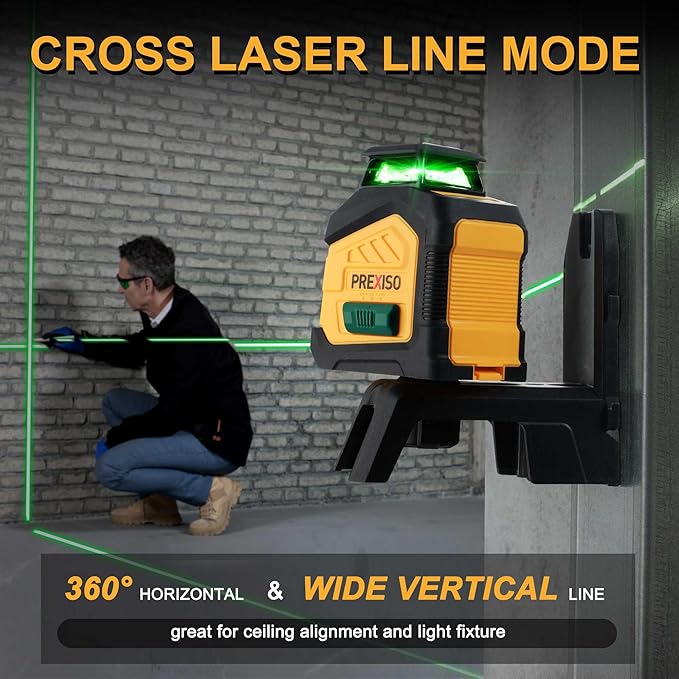 PREXISO 360° Laser Level Self Leveling, 100Ft Dual Power Cross Line Laser - Wide Angle Vertical Line for Construction, Floor Tile, Renovation with Magnetic Base, Wall Panel Stand, Carry Bag