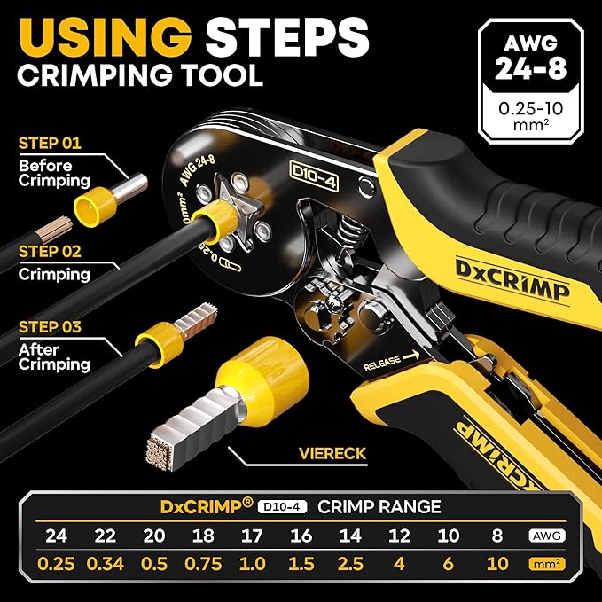 Ferrule Crimping Tool Kit, Ratchet Pliers for 24-8 AWG with 18 Types Insulated and Non-Insulated Ferrules, Self-Adjusting Pliers, Wire Ferrules Kit, Square Crimp Connector Assortment Kit