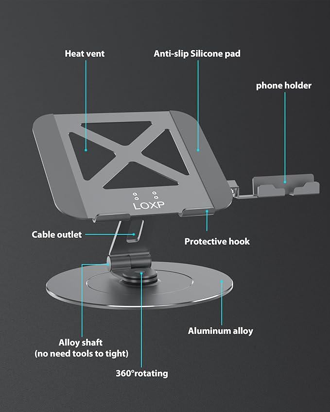 Ultra-Stable Aluminumy Swivel Laptop Stand for Desk with Rotating Foldable Phone Holder, 300% Large Base Stability, Anti-Loosening,Suitable for 10"-17.3" Laptops,Gray