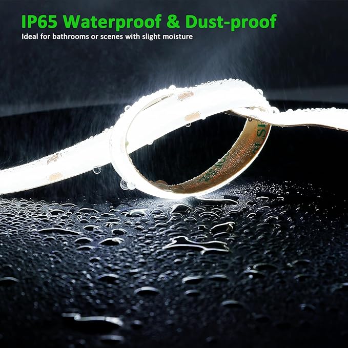 JOYLIT 24V COB LED Strip Lights 16.4ft 6000K Cool White IP65 Waterproof 9000LM Ultra Bright CRI 95+, UL Listed Premium 90W 480LEDs/M Dotless Adhesive Tape Light for Commercial, Home Task Lighting