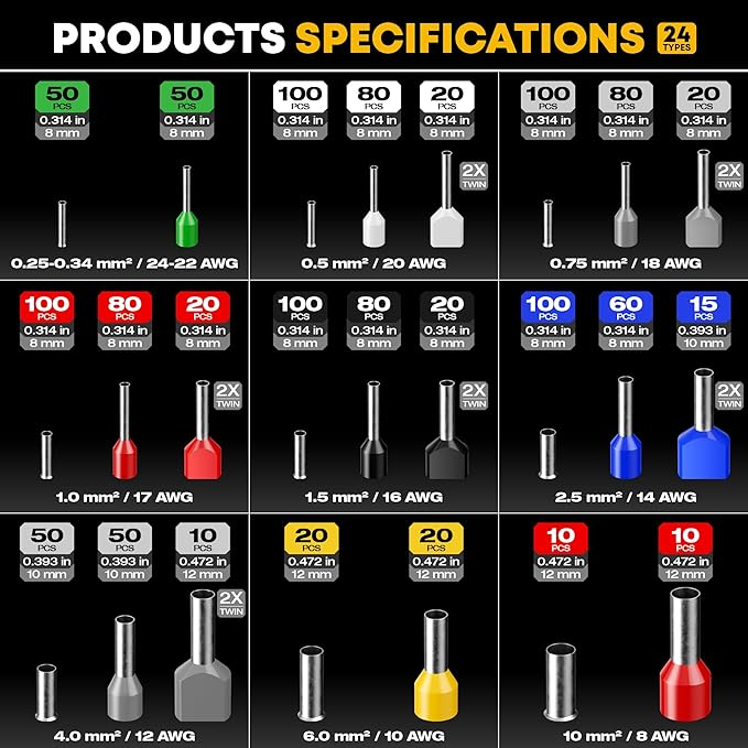 Ferrule Crimping Tool Kit, Ratchet Pliers for 24-8 AWG with 24 Types Insulated, Non-Insulated and Two Wire Ferrules, Ferrule Crimper, Wire Ferrules Kit, Crimping Pliers set with Wire Strippers