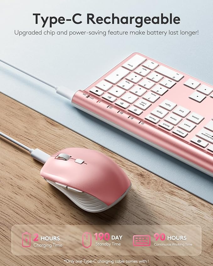 Wireless Keyboard and Mouse Combo - Samsers Ultra Slim Rechargeable Dual-Mode (Bluetooth 5.0x2 +2.4G) Silent Keyboard and Mouse Set, Multi-Device Full-Size Design for MacOS/iOS/Android/Windows - Pink
