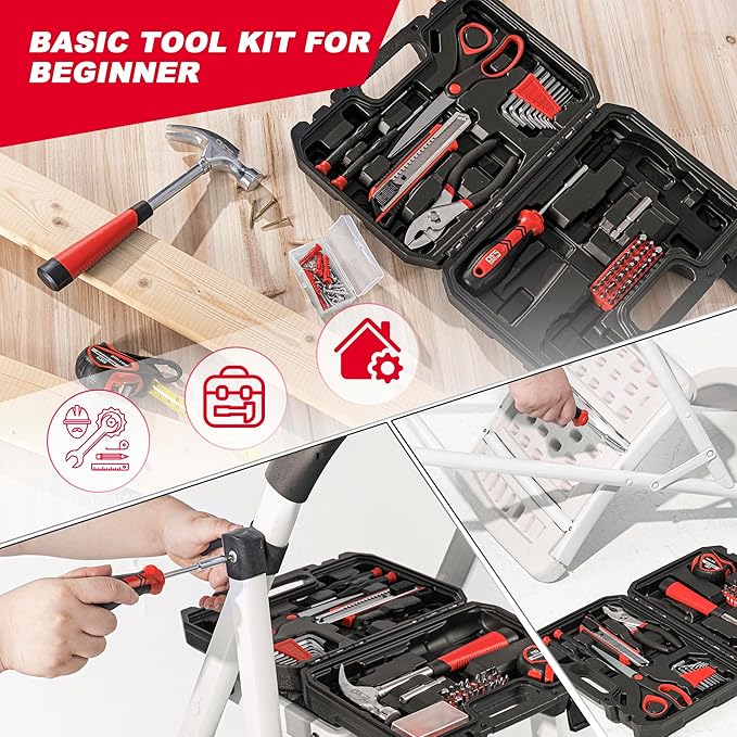 Prostormer 93-Piece Tool Kit, Basic Household Repair Tool Set with Toolbox Storage Case, Small Starter Tool Box Kit for Homeowners and College Students (Red)