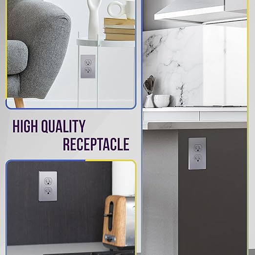 ENERLITES Elite Series Duplex Receptacle with Screwless Wall Plate, Residential Grade Duplex Outlet, Tamper-Resistant, Grounding, 15A 125V, UL Listed, 61580-TR-SVWP, Silver with Wall Plate
