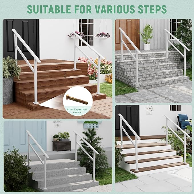 2 Pack Hand Rails for Outdoor Steps,3-4 Step Railing for Stairs,Adjustable Porch Railing,Hand Rails for Seniors,Outdoor Deck Handrails for Exterior Steps,White