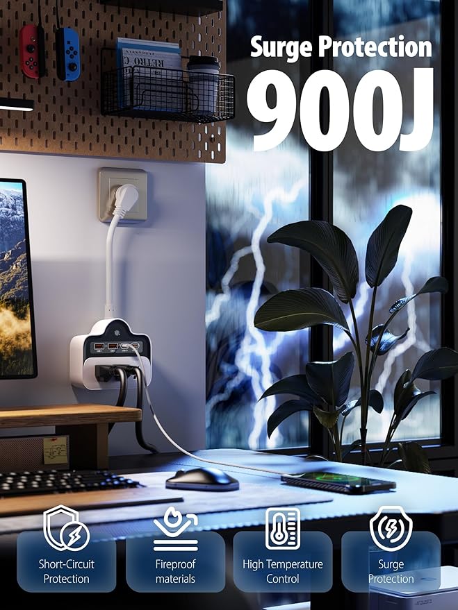 Wall Power Strips 65W USB-C Outlet Extender, Surge Protector Splitter 6 Inch Short Extension Cord, Multi Plug Wall Outlets with 4 USB Ports, 3 AC Outets, Power On/Off Switch (1)