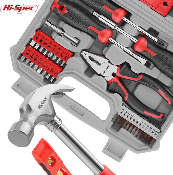 Hi-Spec 42pc Red Household DIY Small Tool Kit. Toolbox Set of Starter Basic Tools Kit for Home & Office