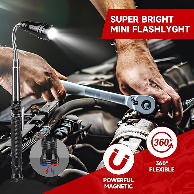 5-Piece Magnetic Pickup Tool Kit - Great Gift for Mechanics - Auto Repair & DIY - Find Nuts/Bolts/Screws - Includes 1lb & 10lb Telescoping Magnets - 360°Mirror & LED Light for Workshop Use