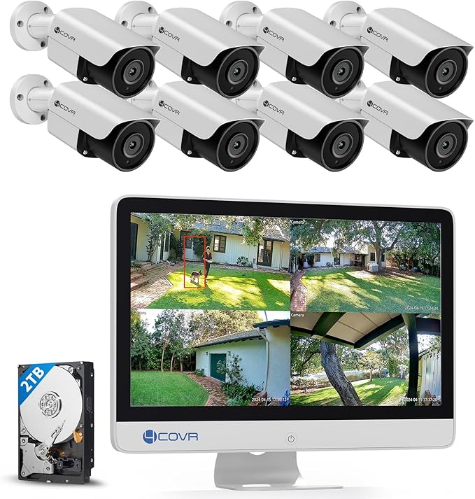 4COVR Security Camera System with Monitor, 8 Channel H.265 NVR with 2TB HDD, AI Human Vehicle Detection, 8Pcs 5MP IP67 PoE IP Bullet Camera Night Vision with Mic, 24/7 Recording, LY37EX5MU808