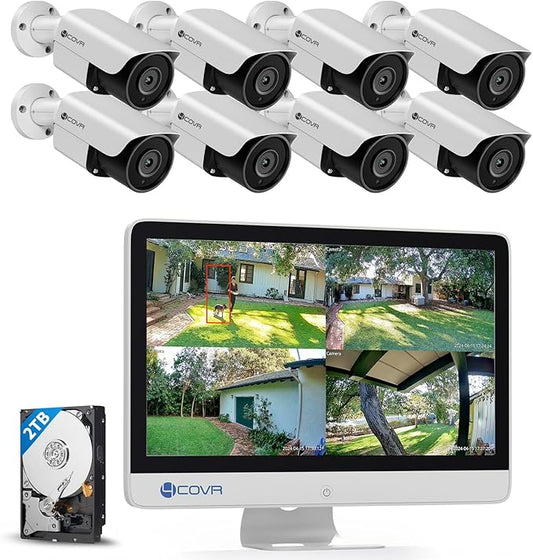 4COVR Security Camera System with Monitor, 8 Channel H.265 NVR with 2TB HDD, AI Human Vehicle Detection, 8Pcs 5MP IP67 PoE IP Bullet Camera Night Vision with Mic, 24/7 Recording, LY37EX5MU808