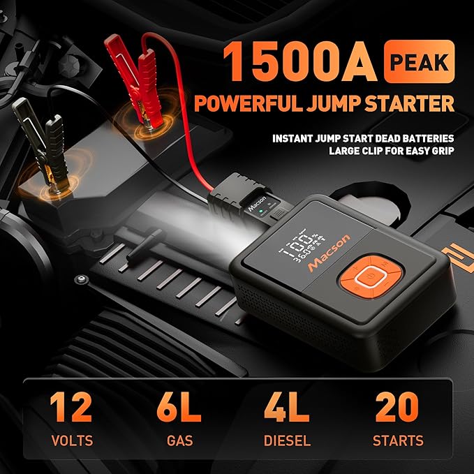 Jump Starter with Air Compressor, 1500A Portable Car Battery Charger for 6L Gas/4L Diesel, 150PSI Tire Inflator 12V 8000mAh Jump Box with 5 Modes Flashlight and LED Display for Car Emergency Use