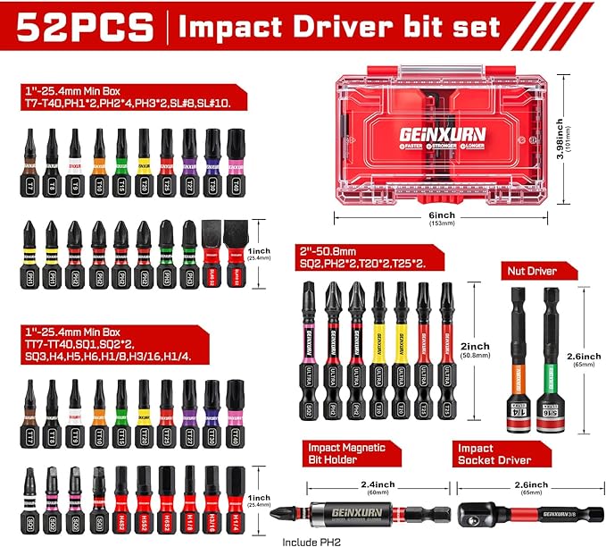 52Pcs Impact Screwdriver Bits Set, Magnetic S2 Steel 1”/2” Phillips/Square/Torx/Slotted/Hex Bits Tips,Impact Bit Holder and Nut Driver and Socket Adapter Set with Red Storage Box Case