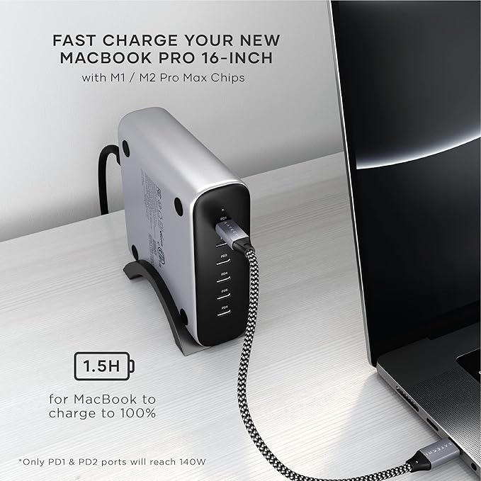 Satechi 200W 6-Port GaN Charging Station, 2 140W USB-C and 4 USB-C, Fast Charging Travel Charger for Multiple Devices, for MacBook Air/Pro M4/M3, iPad Air/Pro M4/M3, iPhone 17/16, Thunderbolt Devices