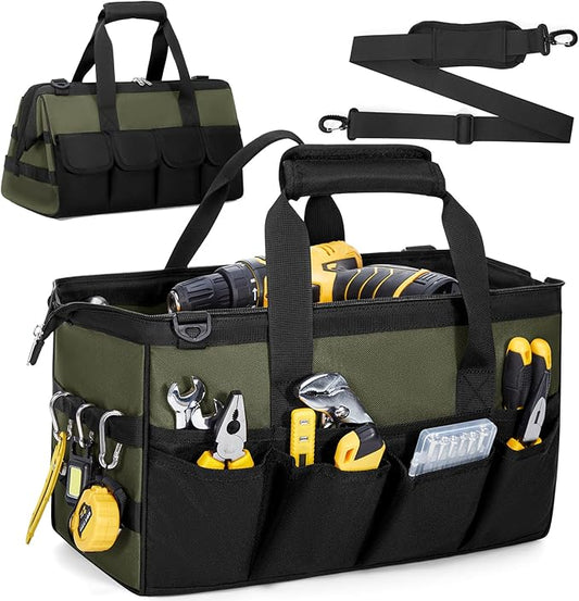 Tool Bag 16-Inch, 15 Pockets Heavy Duty Empty Tool Storage Organization, Soft Handle Carrying Toolbag,Toolbox Organization Tool Bags for Men,Army Green & Black