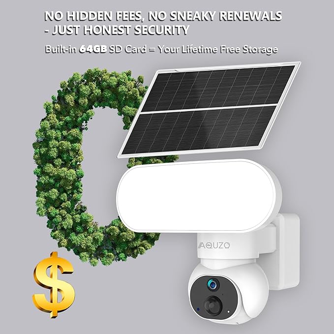 Solar Wireless Outdoor Security Camera Built-in 1500LM Flood Light - 2K HD PTZ with 360° View, Color Night Vision, Human Motion Sensor, 2-Way Audio, Weatherproof, 64GB Local Recording, No Monthly Fees