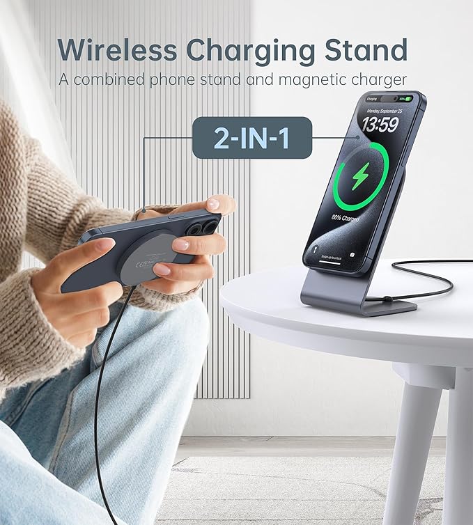 Magnetic Wireless Charger for iPhone 16/15/14/13/12 - Mag Charger+20W USB C Adapter, Fast Wireless Charging Stand/Pad with 5ft Cable for iPhone 16/15/14/13/12 Pro Max Plus Mini,Mag-Safe Charger-Gray