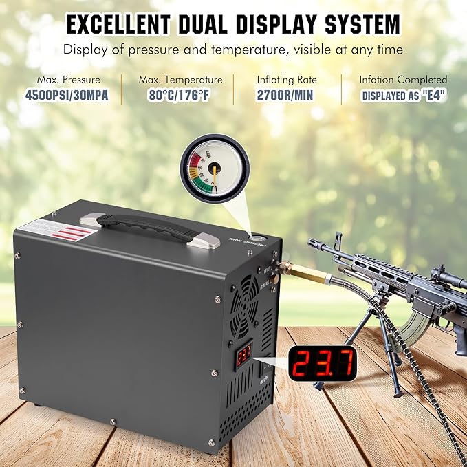 PCP Air Compressor, Airgun Compressor, Portable 4500Psi/30Mpa, Water/Oil-Free, One Button Start, Bursting disc, Built-in Fan, 12V DC 110V AC, Manual-stop, PCP Rifle/Pistol and Paintball Tank Air Pump