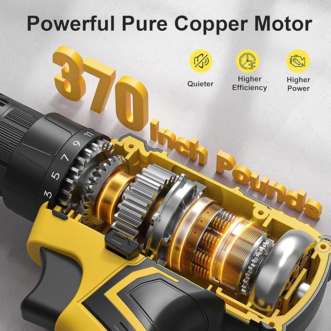 Cordless Drill, 20V Power Drill, Double 2000mAh Power Pack Electric Drills, Cordless Drills with Power Pack and Charger, 3/8" Keyless Chuck Screwdriver with 25+1 Max 370 In-lb Torque, 42Pcs Bits