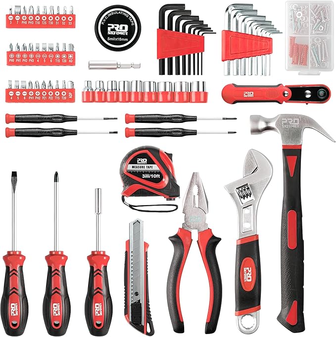 Prostormer 160-Piece Home Repair Tool Set, General Household Hand Tool Kit with Toolbox Storage Case for House, Garage, College Dorm and Office (Red)
